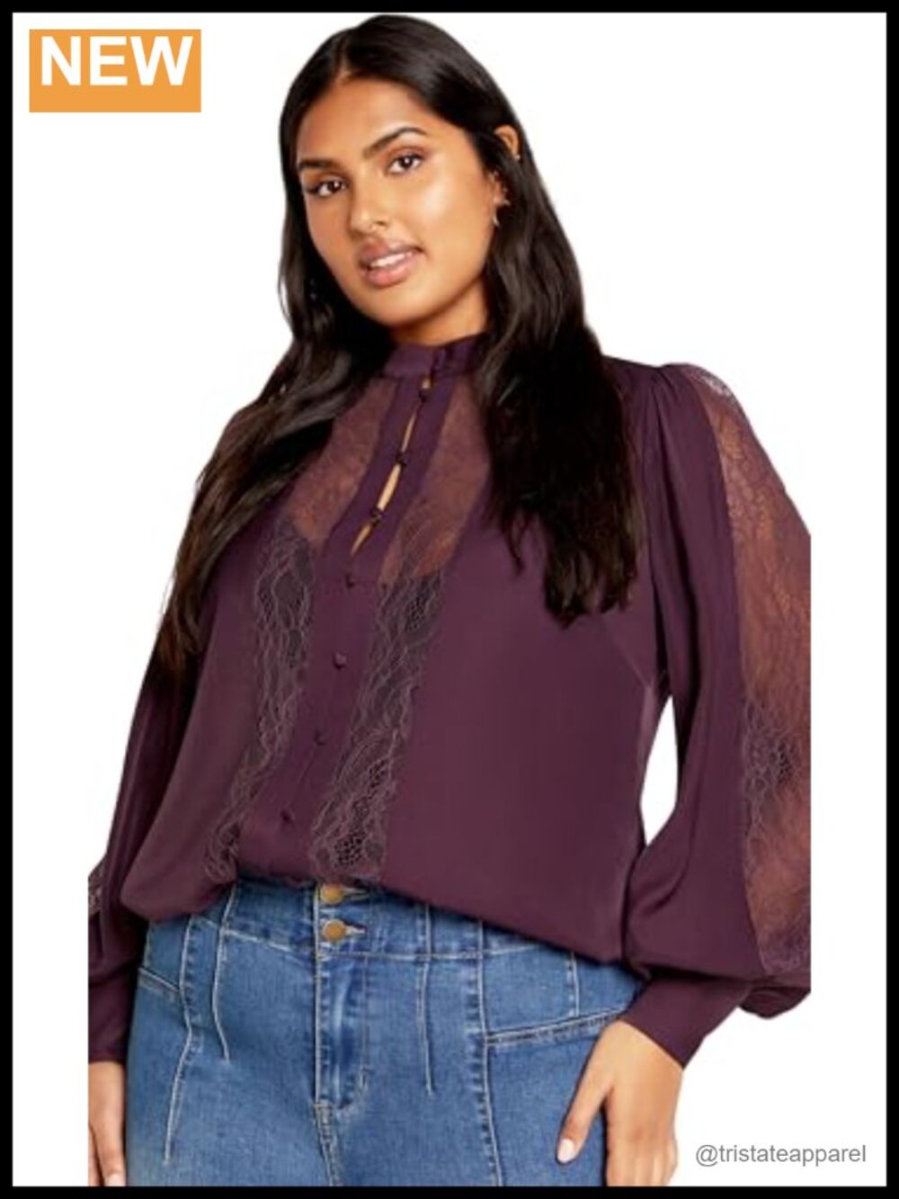 Women's Plus Size Long Sleeve Button Down Blouse with Lace Details